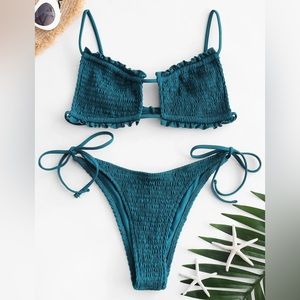 Cutout Tie Side Smocked Bikini Set - Peacock Blue